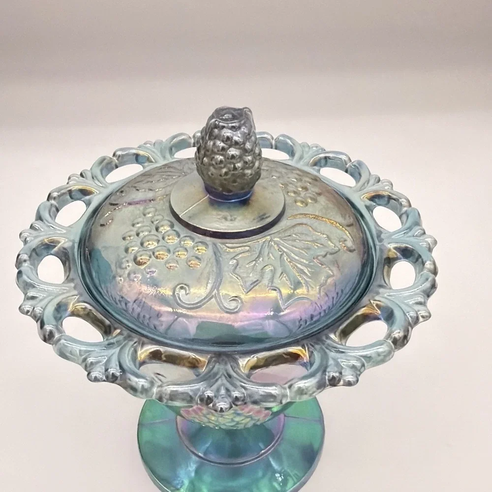 Vtg Indiana Harvest Grape Carnival Glass Covered Candy Dish Laced Pedestal Mint